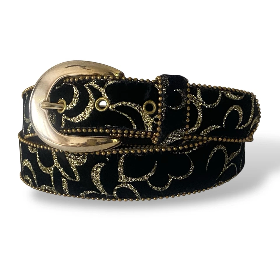 VTG USA Elite Belt Black Velvet Gold Glitter Glam Dress Belt Size L, Waist 32-36 - Image 1 of 4