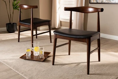 Juego de 2 sillas de comedor tapizadas de nogal imitación cuero negro Marquetterie Foto 1 de 4