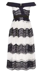 NWT $580 Self-Portrait Dress Guipure Lace Off Shoulder Midi SIZE 6 White Navy - Picture 1 of 21