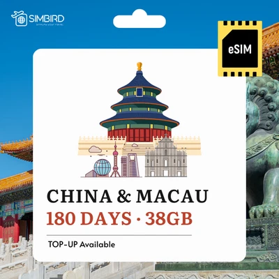 [eSim] China & Macau 5G data Only Prepaid SIM (180 day, 38 GB) rechargeable - Image 1 of 4