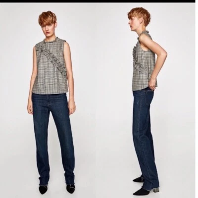 Zara Plaid Ruffle Sleeveless Top Gray Black White Career Casual Size Large - Image 1 of 4