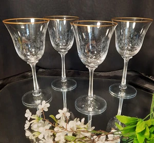 Juego de 4 copas de agua/vino Lenox FONTAINE grabado con aguja margaritas borde dorado - Imagen 1 de 6