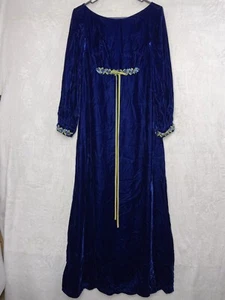 Vintage 70s Maxi Long Dress Blue Velvet Empire Waist Renaissance Embroidery S M - Picture 1 of 13