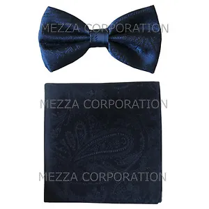 New men's pre-tied bowtie set paisley polyester formal wedding navy blue party - Picture 1 of 4