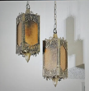 Mid Century set of 2 Brass Gothic Style with Amber Plastic Panels Swag Lanterns - Picture 1 of 5