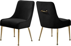 Silla de comedor de terciopelo negro suave de lujo con respaldo mango de latón antiguo y patas - Imagen 1 de 1