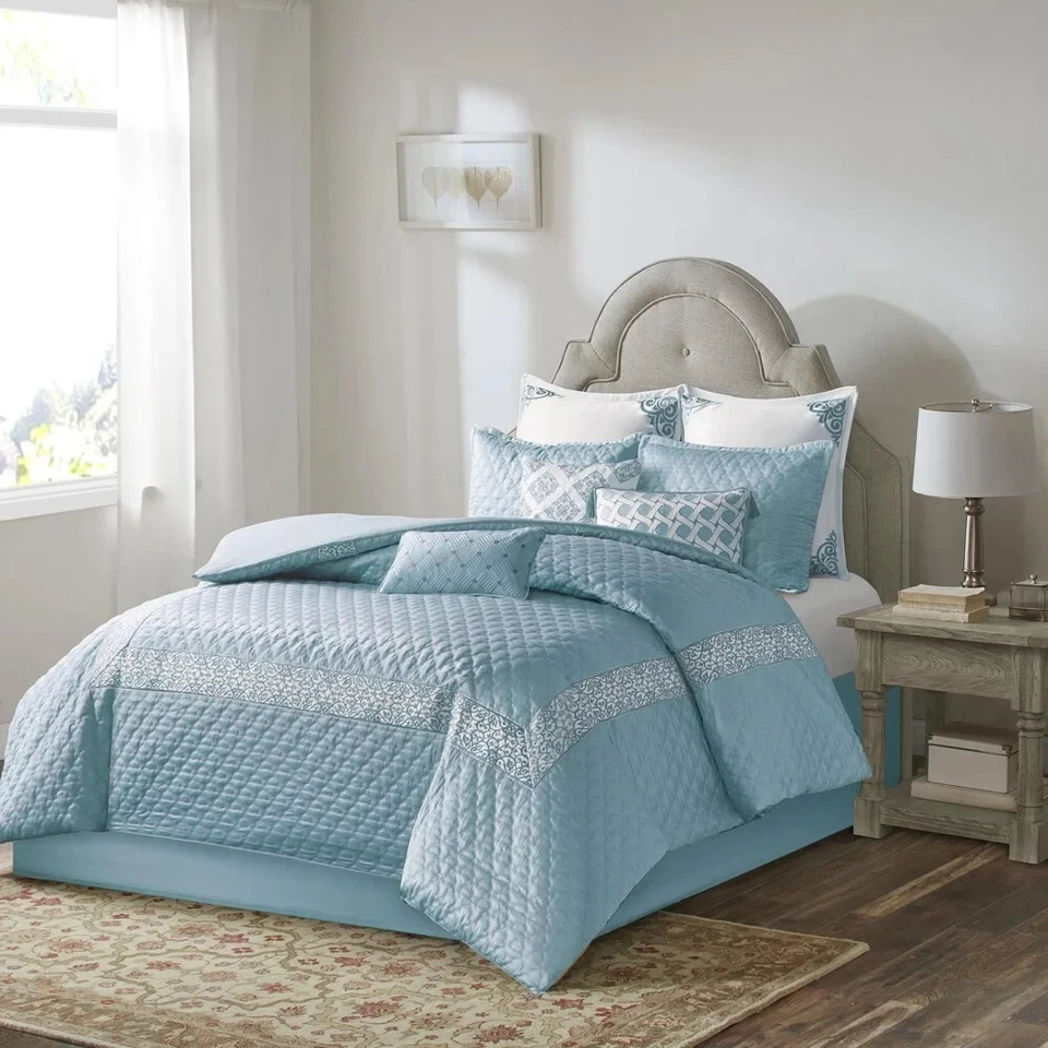 NEW BOMBAY EMERSON Blue Bedding Queen Comforter Bedskirt Shams Decorative Pillow - Image 1 of 4