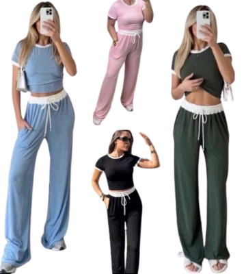 Women's 2pcs Contrast Trim Ribbed Crop Top and Trousers Co-Ord Outfit Set 8-1 4 - Image 1 of 2