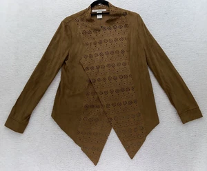 American Rag Cie Womens Large L Cardigan Camel Brown Faux Suede Floral Jacket - Picture 1 of 11