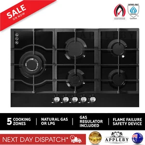 90cm Gas Cooktop 5 Burner Stove Hob 900mm Cooker Kitchen NG LPG Black Glass - Picture 1 of 13