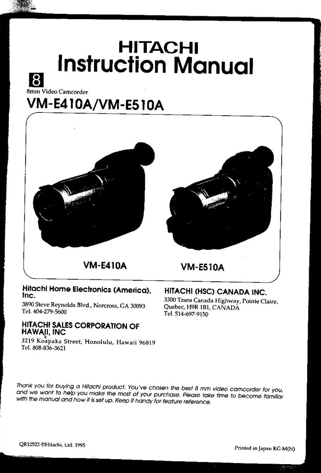 Hitachi VM-E410A/VM-E510A Instruction Manual - English/French - Image 1 of 1