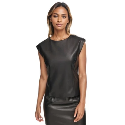 Calvin Klein Tank Top Womens 10 Black Modern Essentials Faux Leather Sleeveless - Image 1 of 4