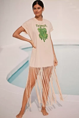 NUEVO CON ETIQUETAS Farm Rio Anthropologie TROPICAL Manga Corta FRINGE CAMISETA MAXI VESTIDO TOSTADO M Foto 1 de 4