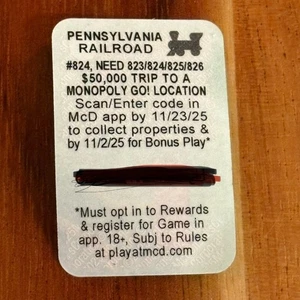 Pennsylvania Railroad #824 McDonald's Monopoly 2025 pezzo gioco non riscattato - Foto 1 di 2