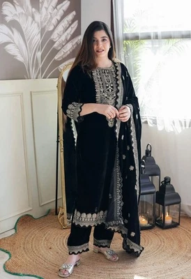 Pakistani Salwar Kameez Readymade Velvet Winter Wear Suit Kurta Pant Dupatta Set - Image 1 of 4