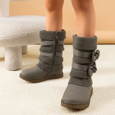Niños Niñas Niños Pequeños Invierno Botas para Nieve Nudo con Lazo Imitación Piel Forradas Cálidas Botas para Media Pantorrilla Foto 1 de 4