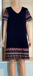 Emery Rose Navy Shift Dress w/Geometric Designs on Sleeves & Bottom Hem Size XL - Picture 1 of 9