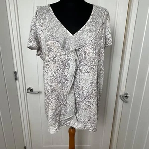 NEXT White & Brown Paisley Print Top - Size 18 - Short Sleeve Voile Neckline - Picture 1 of 4