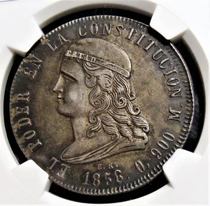 Ecuador: 1858-GJ Silver 5 Francos KM-39 NGC AU-50. RARE!!! Ex Heritage. - Picture 1 of 4