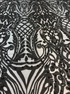 BEADED BLACK Fabric by the yard, 52" Wide Lace/ Mesh/ Scalloped - Image 1 of 3