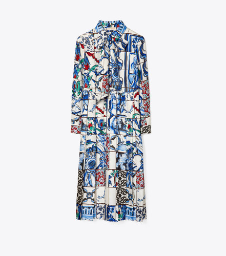NUOVO Tory Burch abito in seta con fiocco in piastrelle mosaico taglia 12 #MD213