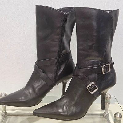 Botas Anne Klein Akdevane Vintage Cuero Negro Media Pantorrilla 7 1/2 M Retro City Chic Foto 1 de 4