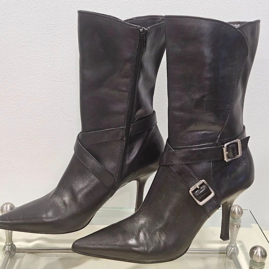 Botas Anne Klein Akdevane Vintage Cuero Negro Media Pantorrilla 7 1/2 M Retro City Chic Foto 1 de 4