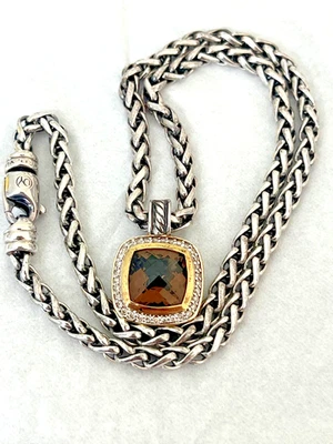 David Yurman 18K Yellow Gold Albion Smoky Quartz Pendant w Diamonds and SS Chain - Image 1 of 4