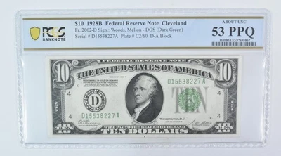 1928 B $10 Cleveland OH FRN Fr#2002-D About Unc 53 PPQ PCGS *5976 - Image 1 of 3