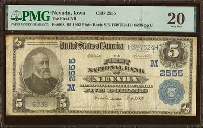 1902 $5 National - Nevada, Iowa - Plain Back - Charter 2555 - PMG 20 - Image 1 of 2