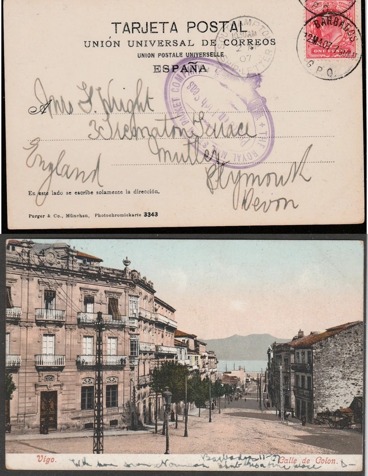 GB used in BARBADOS EVII 1d POSTED ON THE HIGH SEAS Royal Mail Steamboat 1907 - Image 1 of 1