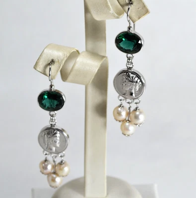 ORECCHINI ARGENTO 925 QUARZO VERDE   PERLE AKOYA BAROCCHE  8 mm         AGHT 023 - Immagine 1 di 3