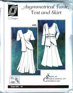 VTG 1998 SEWING PATTERN L J DESIGNS 723 ASYMMETRICAL TUNIC VEST SKIRT XXS TO 4X - Picture 1 of 2