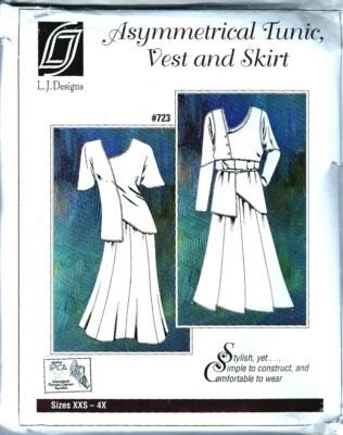 VTG 1998 SEWING PATTERN L J DESIGNS 723 ASYMMETRICAL TUNIC VEST SKIRT XXS TO 4X  - Image 1 of 2