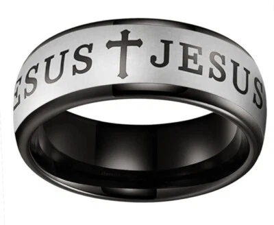 6/8MM Men Women Tungsten Carbide Ring Bible Cross Jesus Prayer Ring Confort fit - Image 1 of 4