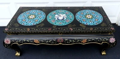 Vintage 40's Chinese Black lacquer w three cloisonne enamel plaques in lay lacqu - Image 1 of 4