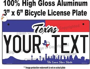PLACA PERSONALIZADA DE BICICLETA DEL ESTADO DE TEXAS TOCADOR CON TEXTO 3" X 6"  - Imagen 1 de 1