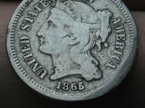 1865 Three 3 Cent Nickel- VG/Fine Details Cover