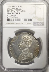France - Essai de 5 Francs 1831 A. Henri V Pretender. NGC UNC Details - Picture 1 of 4