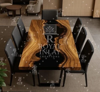 Black Epoxy Wood Dining Table – Live Edge River Table for Modern Luxury Spaces - Image 1 of 4