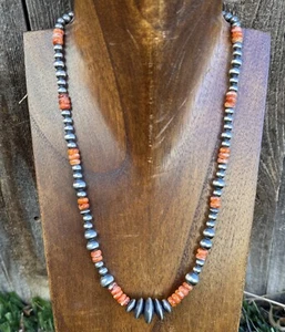 Sterling Silver Multi Bead Orange Spiny Oyster W Pearls Bead Necklace 18 inch - Picture 1 of 12
