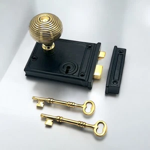 Juego de perillas de colmena de latón envejecido cerradura de borde de puerta horizontal de hierro fundido negro vintage - Imagen 1 de 6