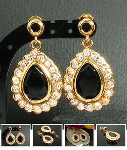 PRECIOSOS PENDIENTES LAMINADOS  ORO AMARILLO 28 KT. CON ZAFIRO NEGRO Y CIRCONIOS - Picture 1 of 1