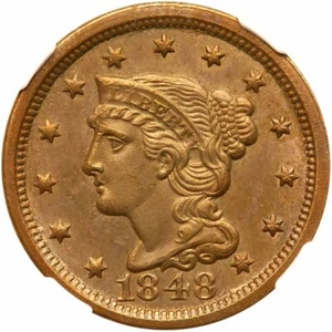 1848 N-5 R-4+ NGC MS 64 BN Braided Hair Large Cent Coin 1c - Picture 1 of 3