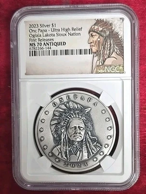 2023 $1 Onca Papa Ultra High Relief Oglala Lakota Sioux Nation MS-70 - Image 1 of 4