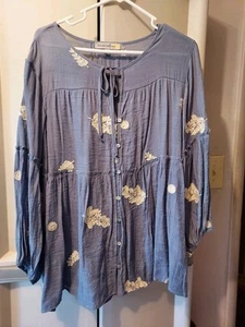 Figueroa & Flowers Blouse XL Dusty Blue Floral Embroidered Button Up Tie Neck - Picture 1 of 7