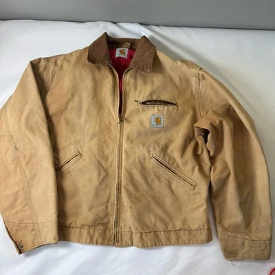 Chaqueta De Colección Carhartt Detroit Para Hombres Mediana/Grande Marrón Lona Rojo Edredón EE. UU. 6QLJ Desteñida Foto 1 de 4