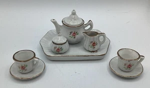 10 Piece Ceramic Dolls Tea Set with Floral Motif Gold Trim - Picture 1 of 4