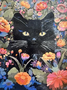 Black Cat in the Flowers Painted By Brittony Martin - Picture 1 of 3