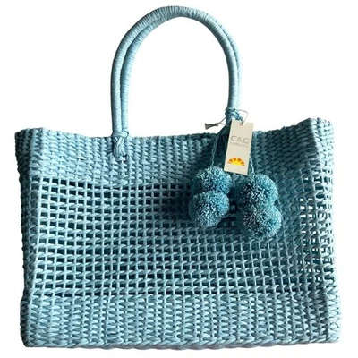 NUEVO C&C California Pom-Pom Tejido Estructurado Bolso de Playa Cartera Azul Claro Foto 1 de 4